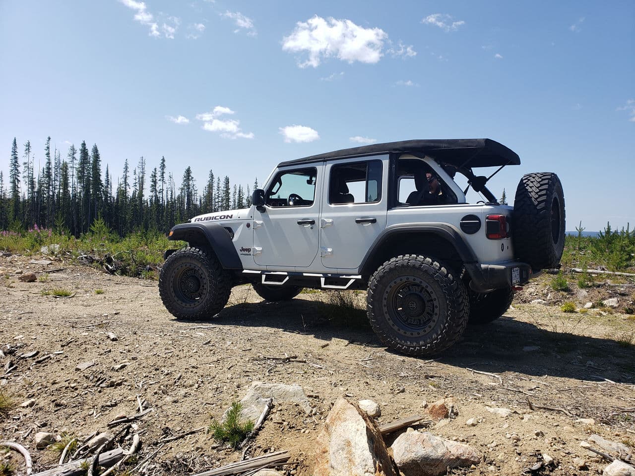 Rear view of 2020 Jeep Wrangler Rubicon with wheels