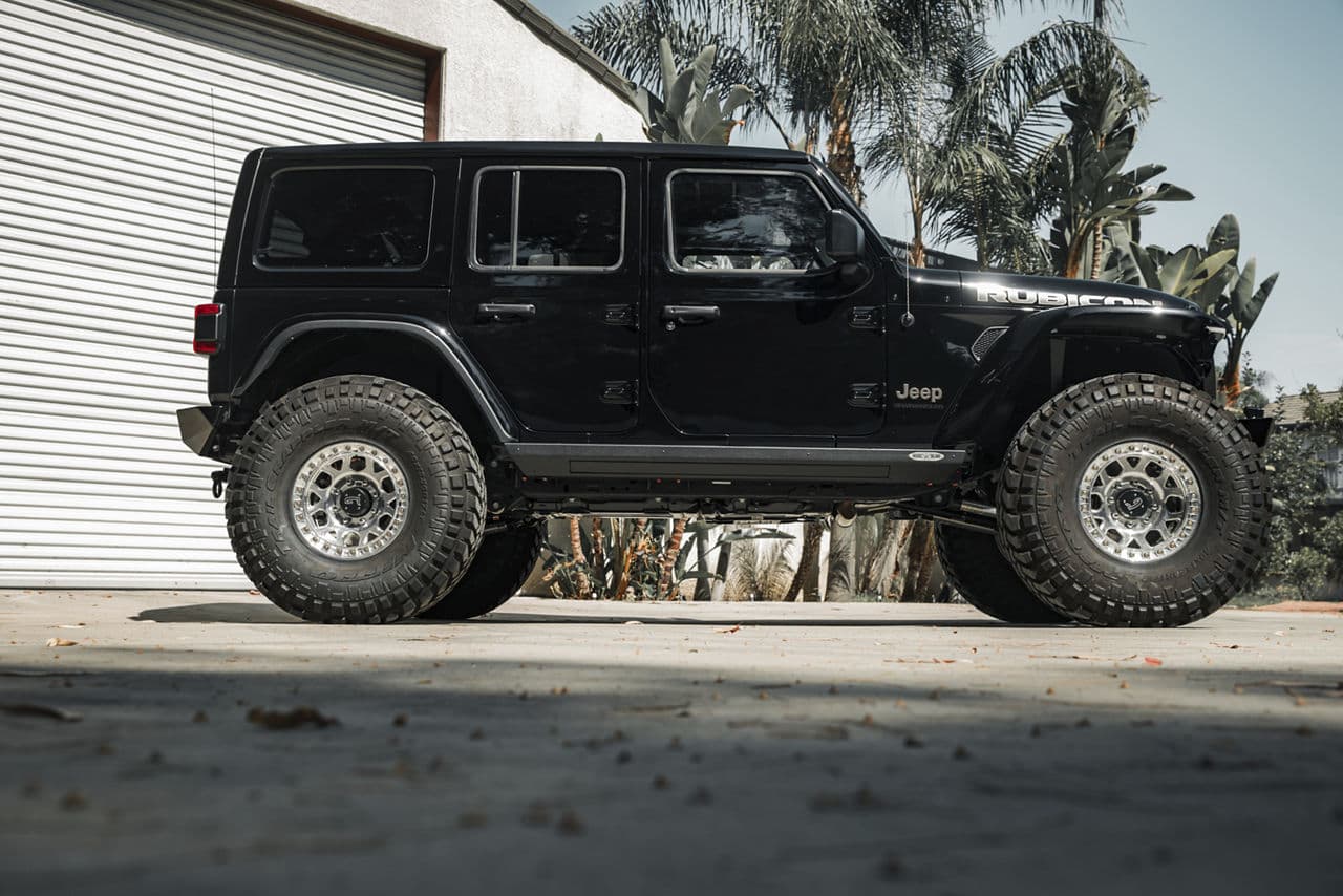 Rear view of 2020 Jeep Wrangler Rubicon with wheels