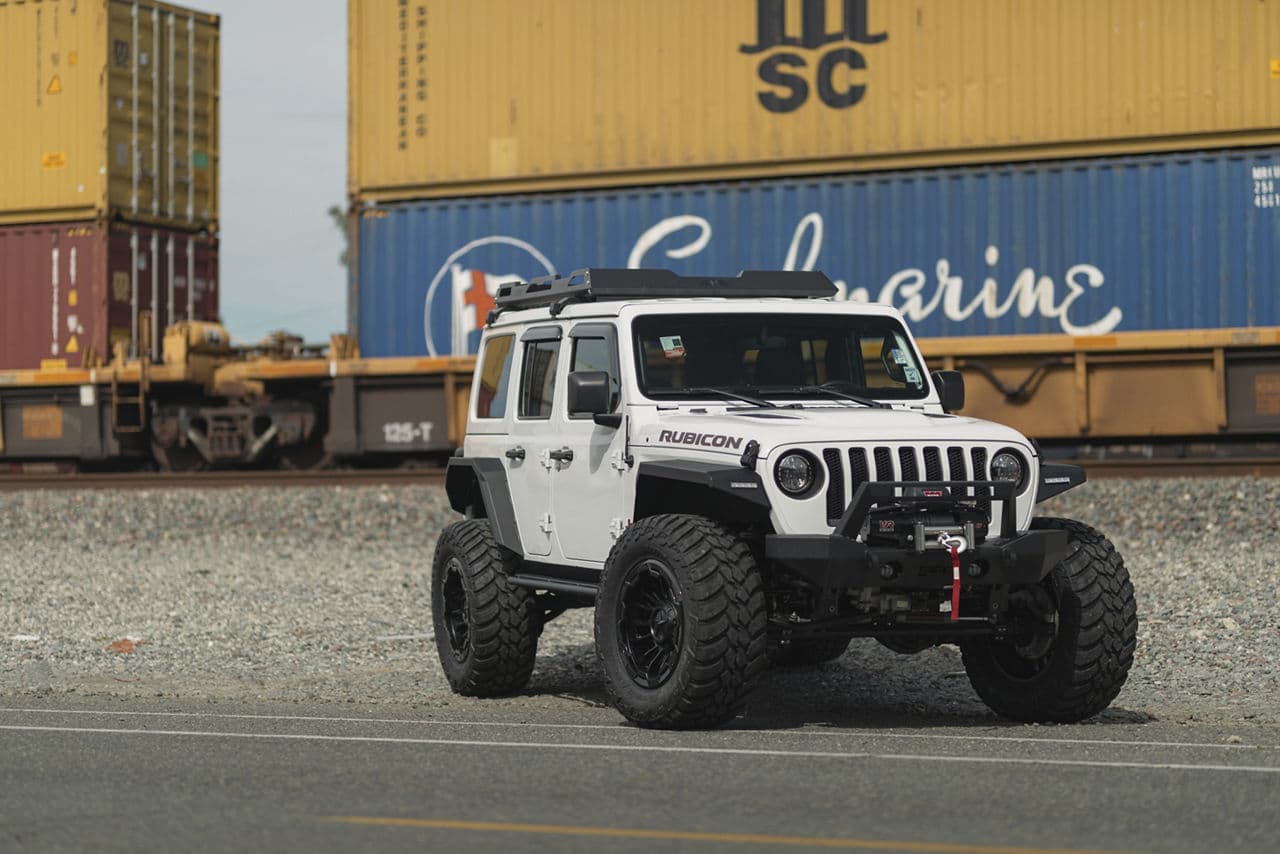 Front view of 2020 Jeep Wrangler Rubicon with wheels