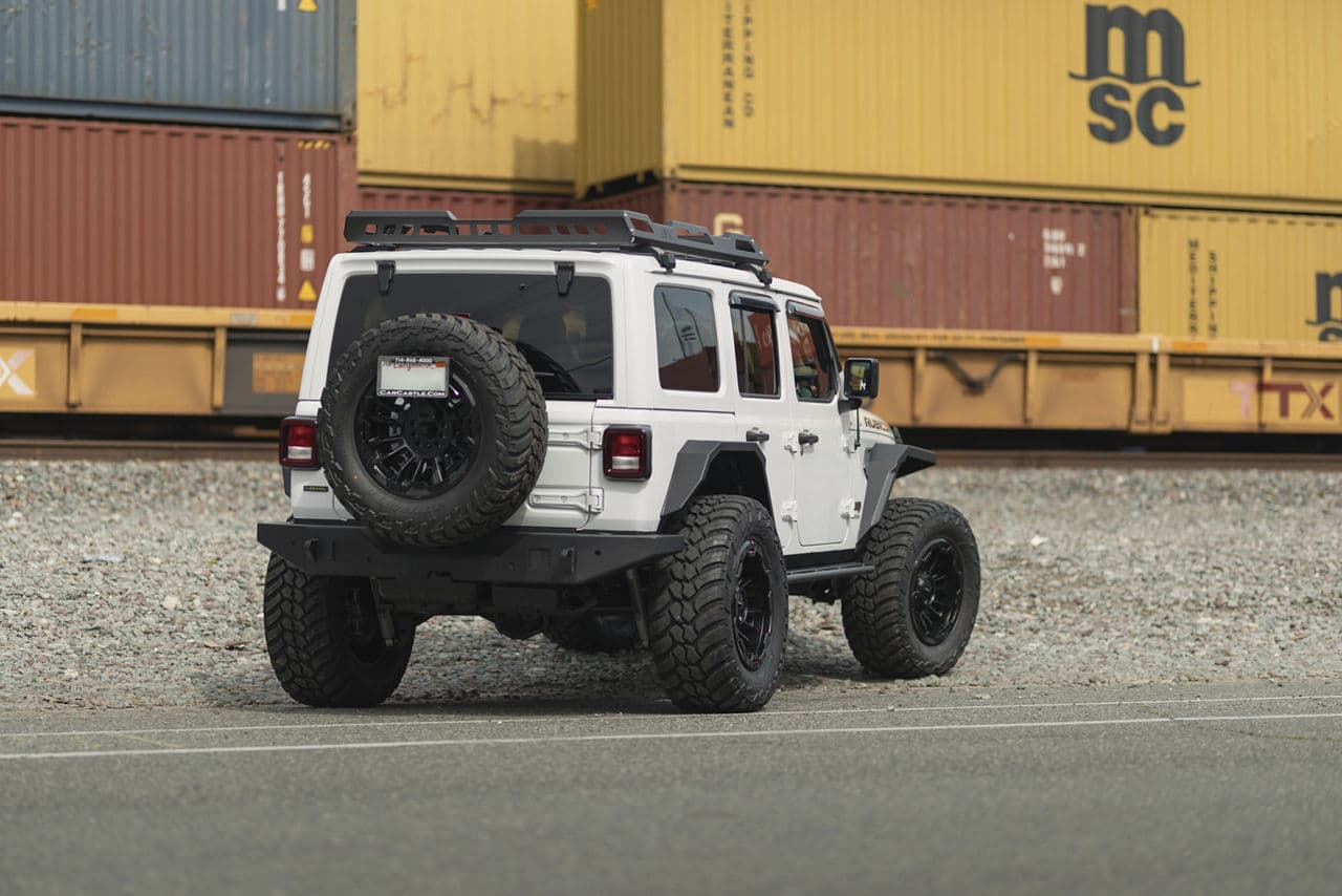 Rear view of 2020 Jeep Wrangler Rubicon with wheels
