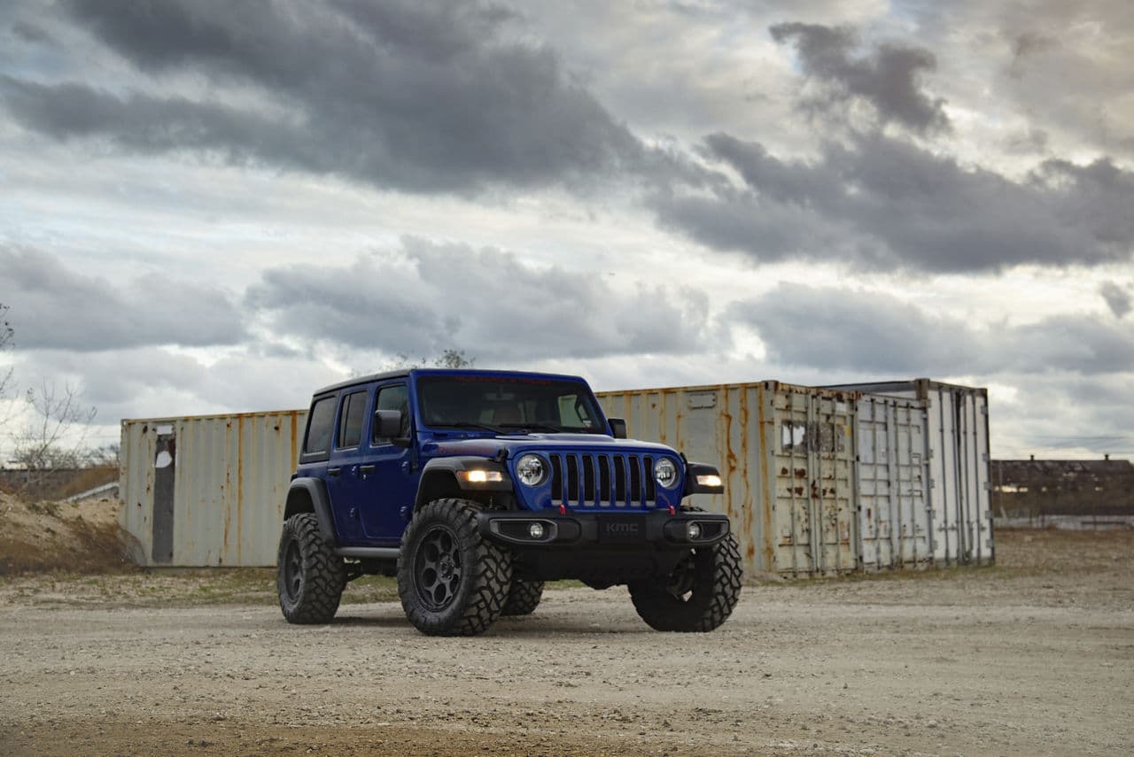 Rear view of 2020 Jeep Wrangler Rubicon with wheels