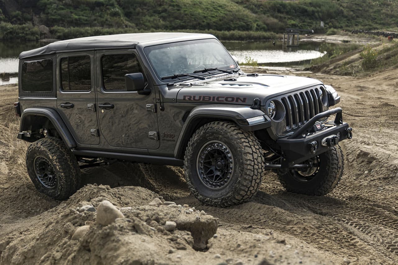Front view of 2020 Jeep Wrangler Rubicon with wheels