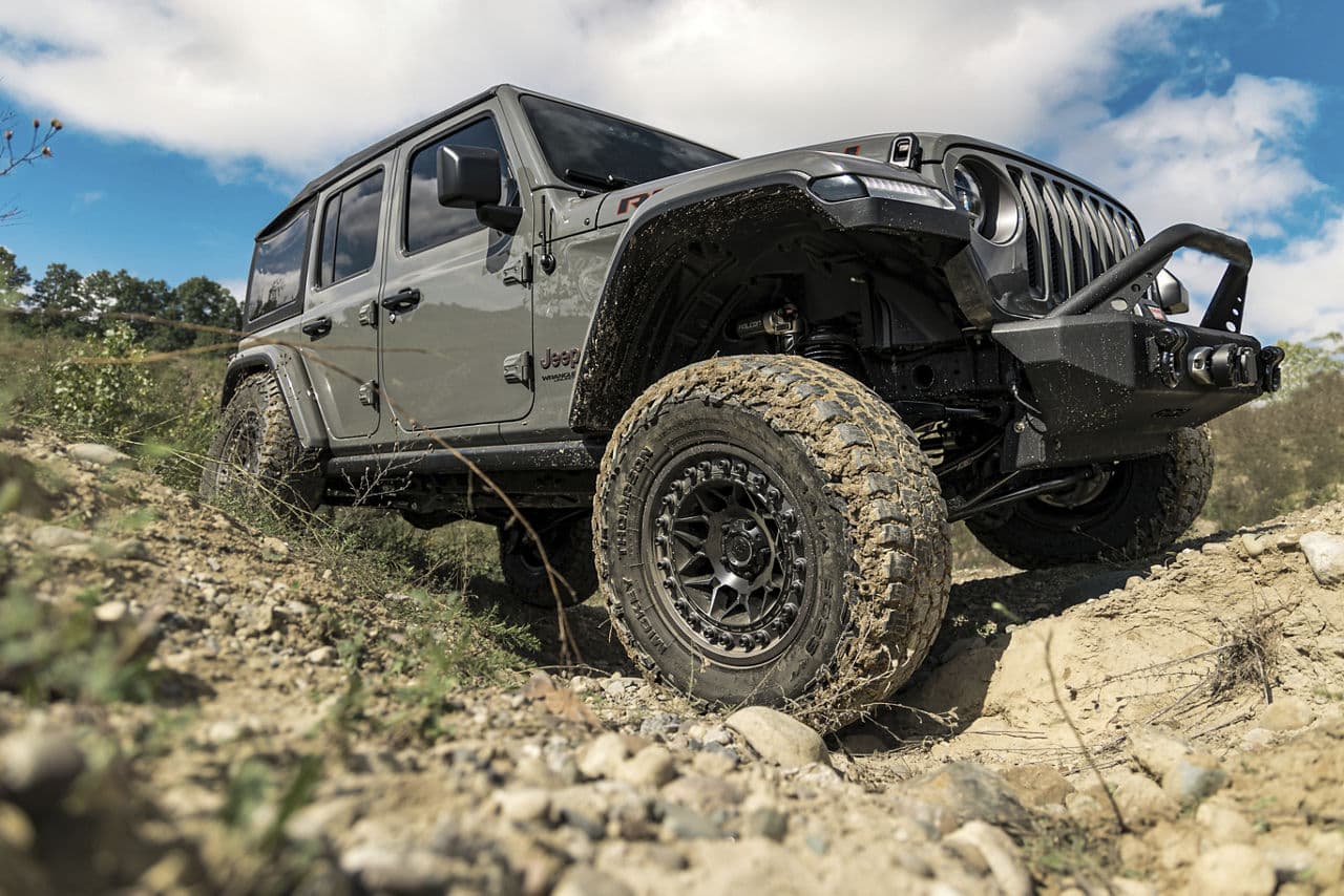 Rear view of 2020 Jeep Wrangler Rubicon with wheels