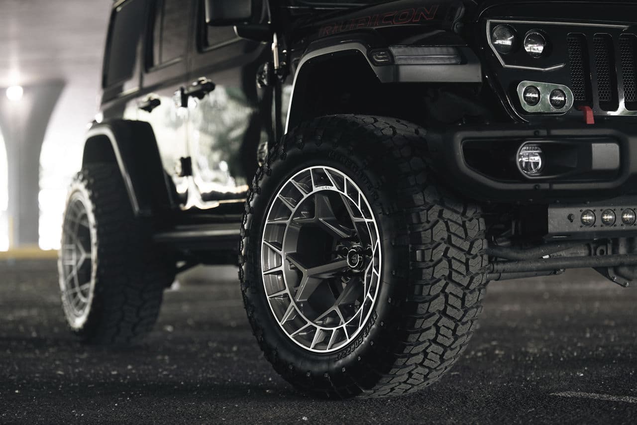 Rear view of 2020 Jeep Wrangler with truck suv wheels