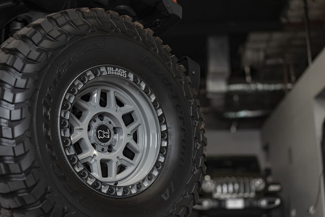 Detail view of 2020 Jeep Wrangler with truck suv wheels