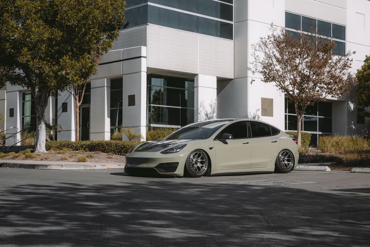 Front view of 2020 Tesla Model 3 with wheels