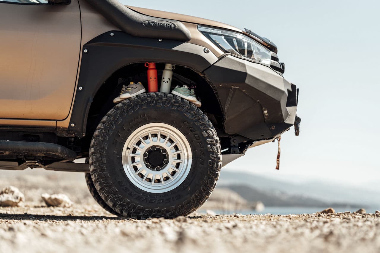 Interior of 2020 Toyota Hilux with wheels