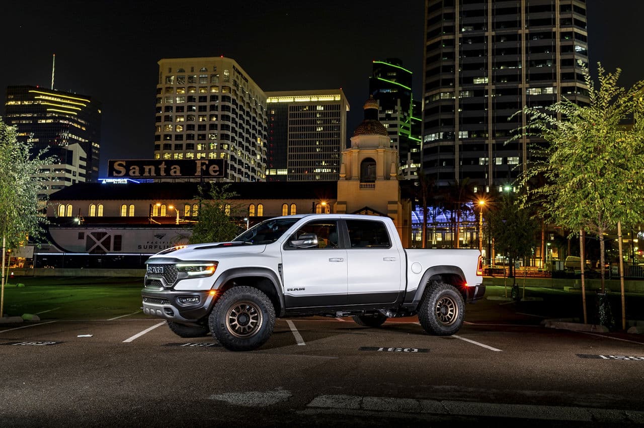 Rear view of 2021 Dodge Ram TRX with truck suv wheels