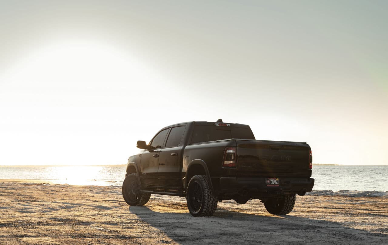 Rear view of 2021 Dodge Ram with wheels