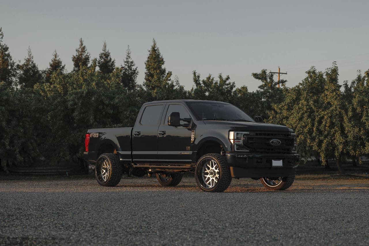 Front view of 2021 Ford F250 with truck suv wheels