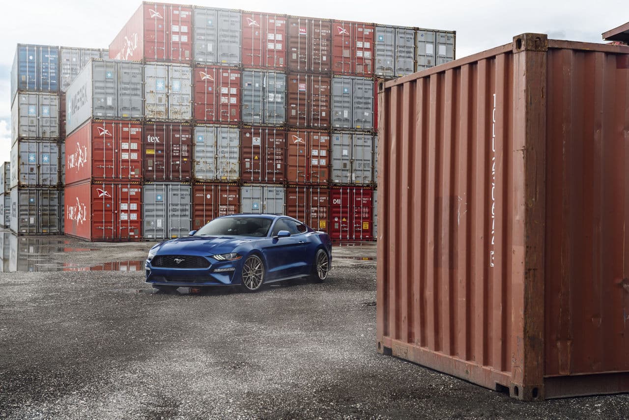 Rear view of 2021 Ford Mustang with vehicle wraps