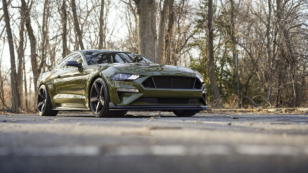 Front view of 2021 Ford Mustang with wheels