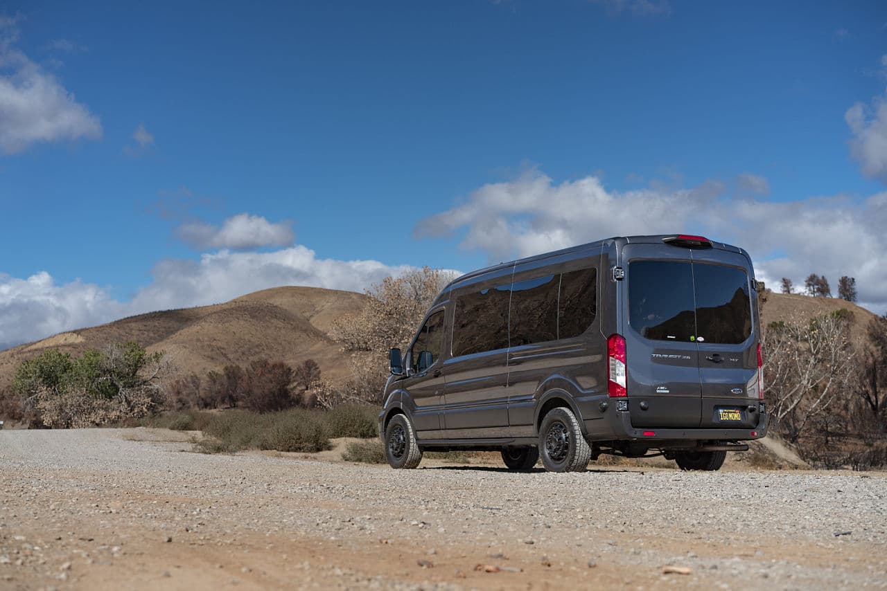 Rear view of 2021 Ford Transit with wheels