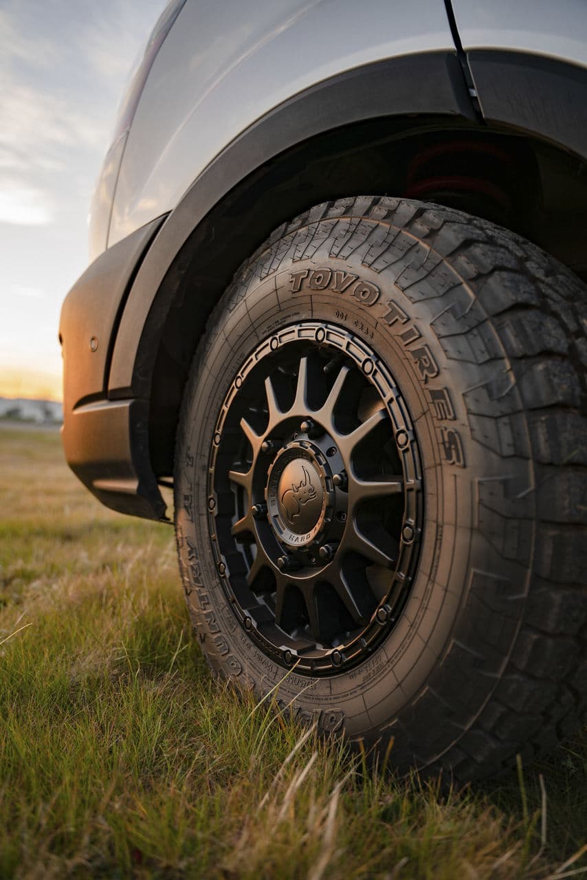 Rear view of 2021 Ford Transit with wheels