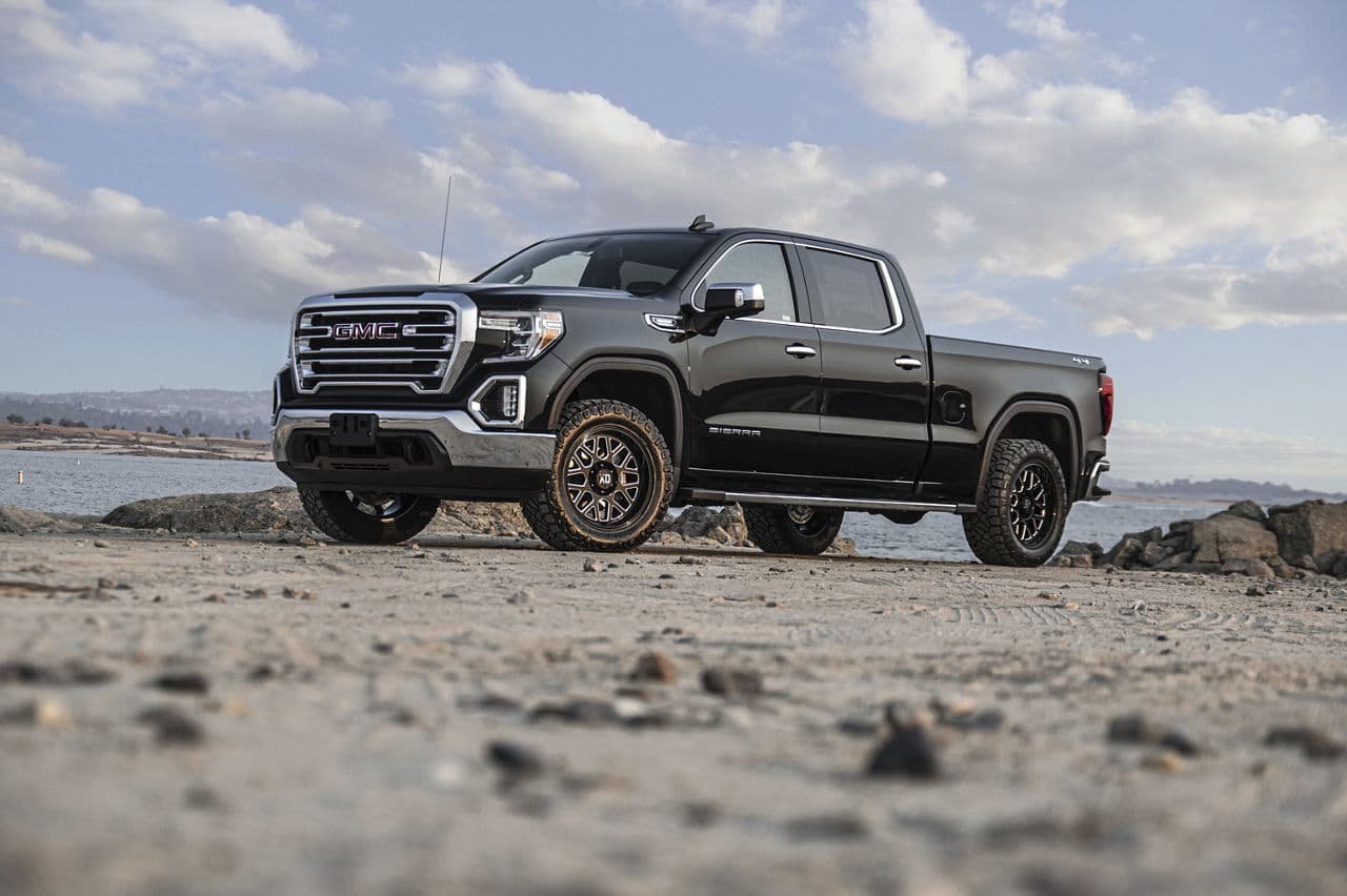 Rear view of 2021 GMC Sierra with wheels