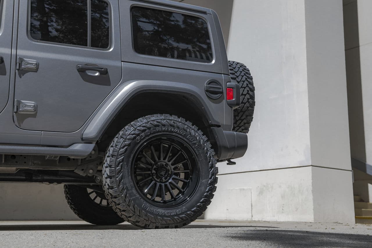 Detail view of 2021 Jeep Wrangler Sahara with truck suv wheels