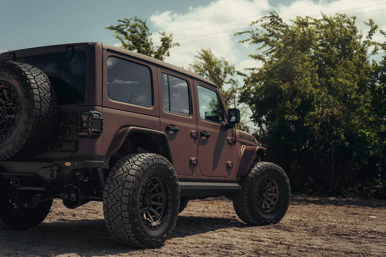 Rear view of 2021 Jeep Wrangler Unlimited Rubicon with wheels