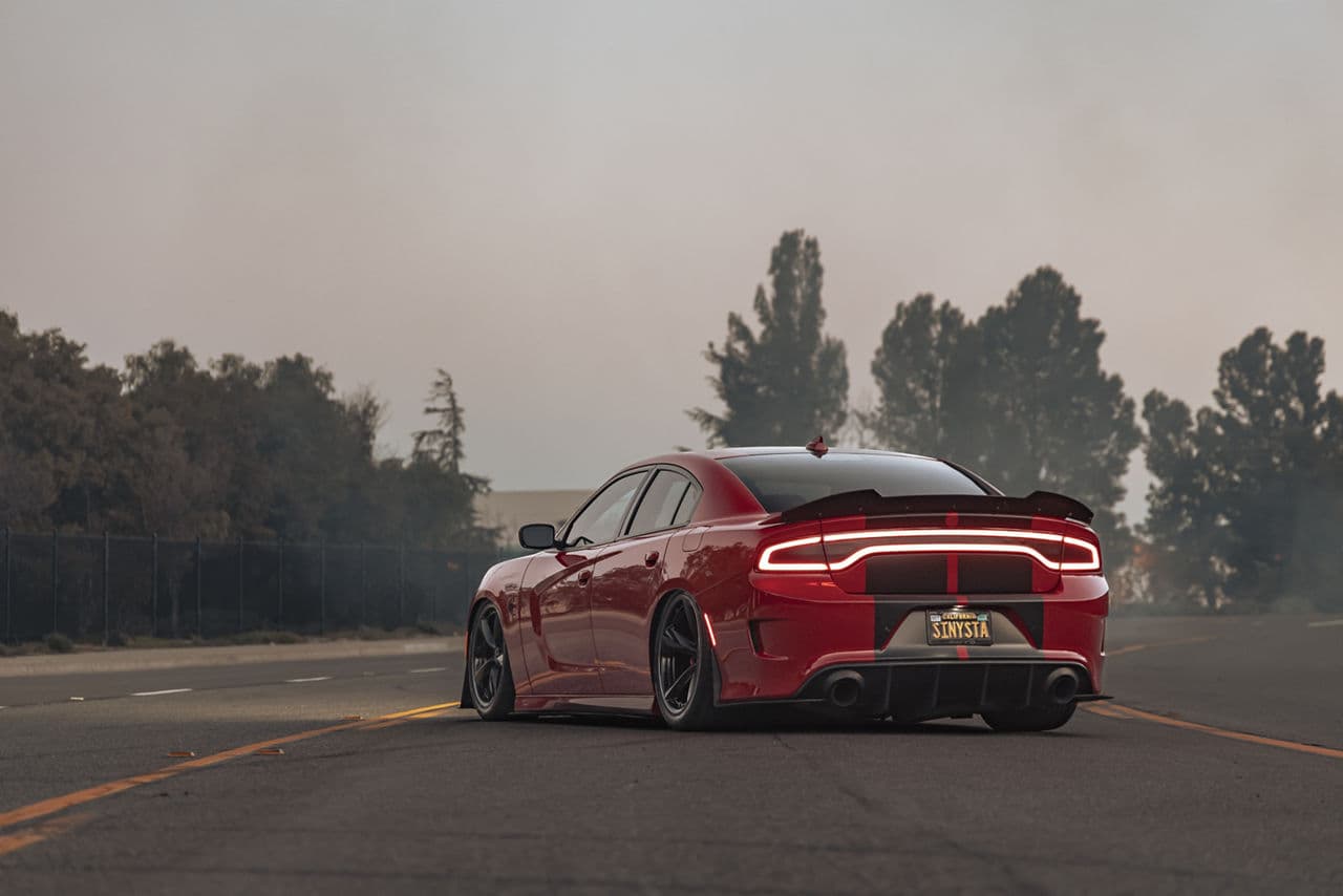 Rear view of 2022 Dodge Charger Hellcat with wheels