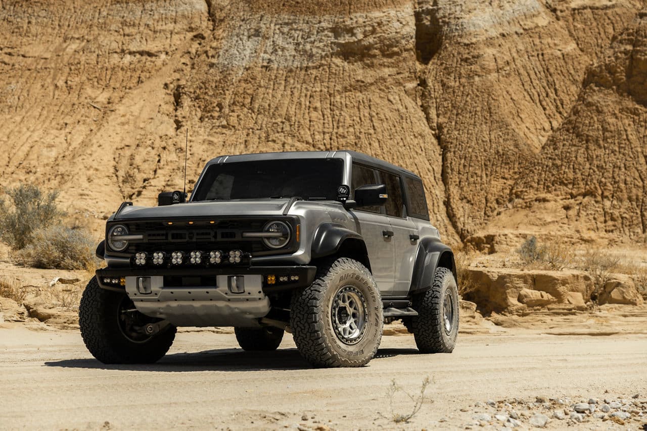 Front view of 2022 Ford Bronco Raptor with truck suv wheels