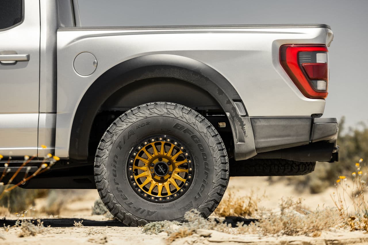 Rear view of 2022 Ford F150 Raptor with truck suv wheels