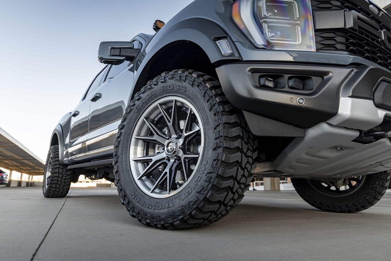 Rear view of 2022 Ford F150 Raptor with wheels