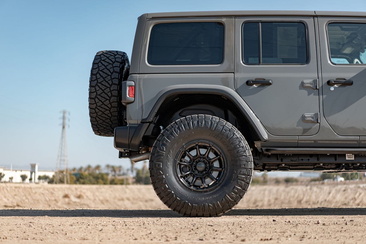 Rear view of 2022 Jeep Wrangler with wheels