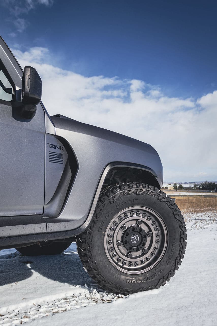 Rear view of 2022 Rezvani Tank with wheels