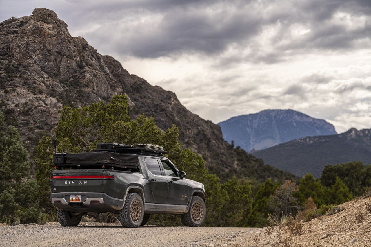 Rear view of 2022 Rivian R1T with truck suv wheels