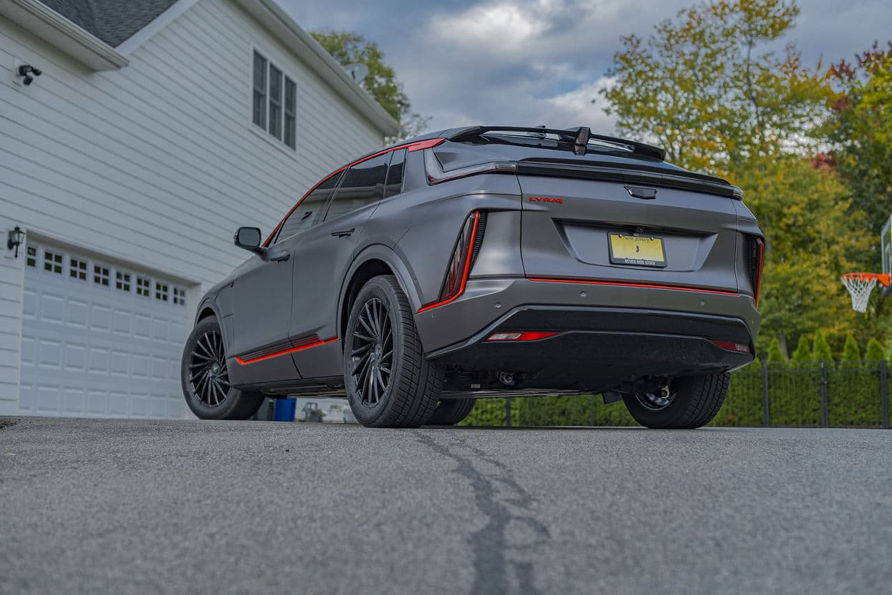 Rear view of 2023 Cadillac Lyriq with wheels