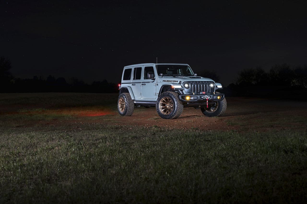 Front view of 2023 Jeep Wrangler Rubicon with wheels