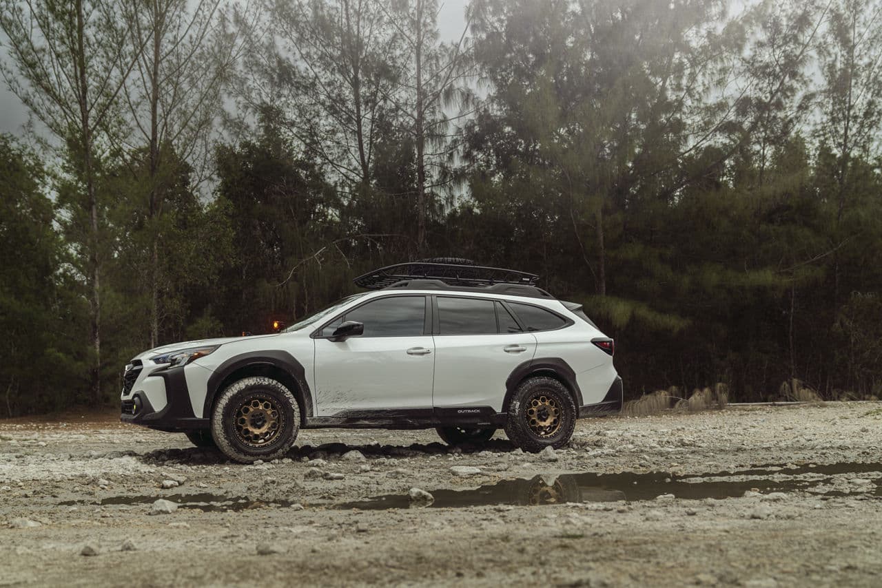 Rear view of 2023 Subaru Outback with wheels