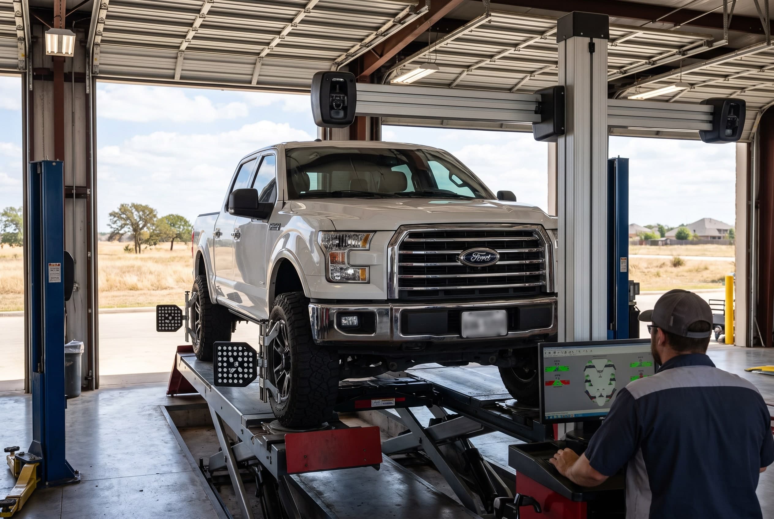 Hunter alignment machine targets on a lifted Ford F-150 in a suspension shop serving Arlington
