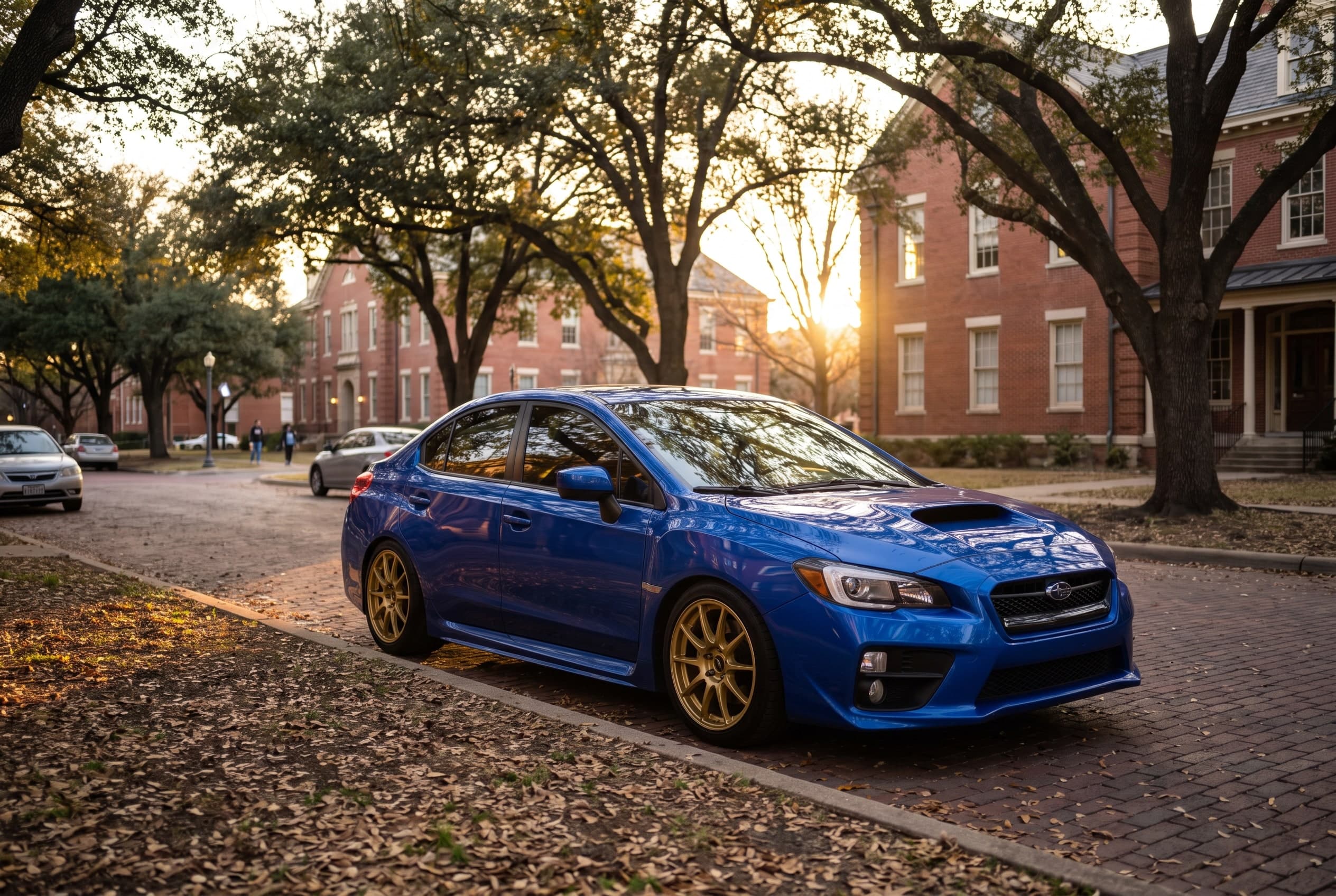 Lowered blue Subaru WRX on coilovers and gold wheels parked near the UTA campus in Arlington