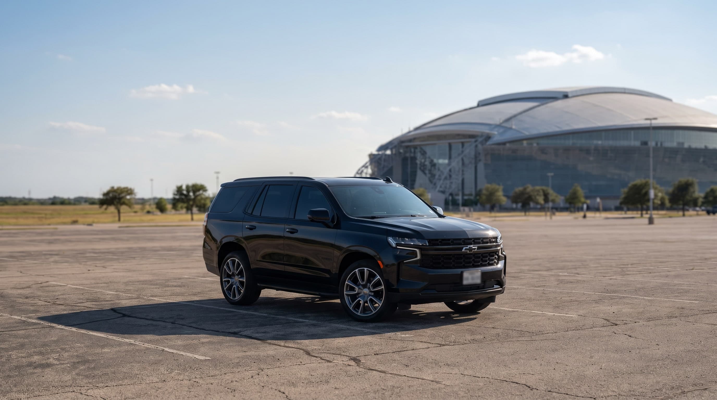 Black Chevrolet Tahoe on 24-inch forged wheels in a stadium parking lot in Arlington, Texas