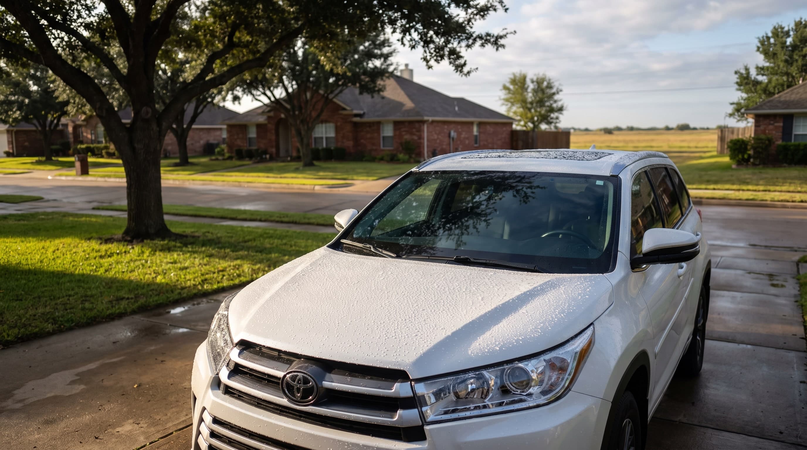 Freshly ceramic-coated white Toyota Highlander in a Coppell, Texas driveway with water beading on the hood