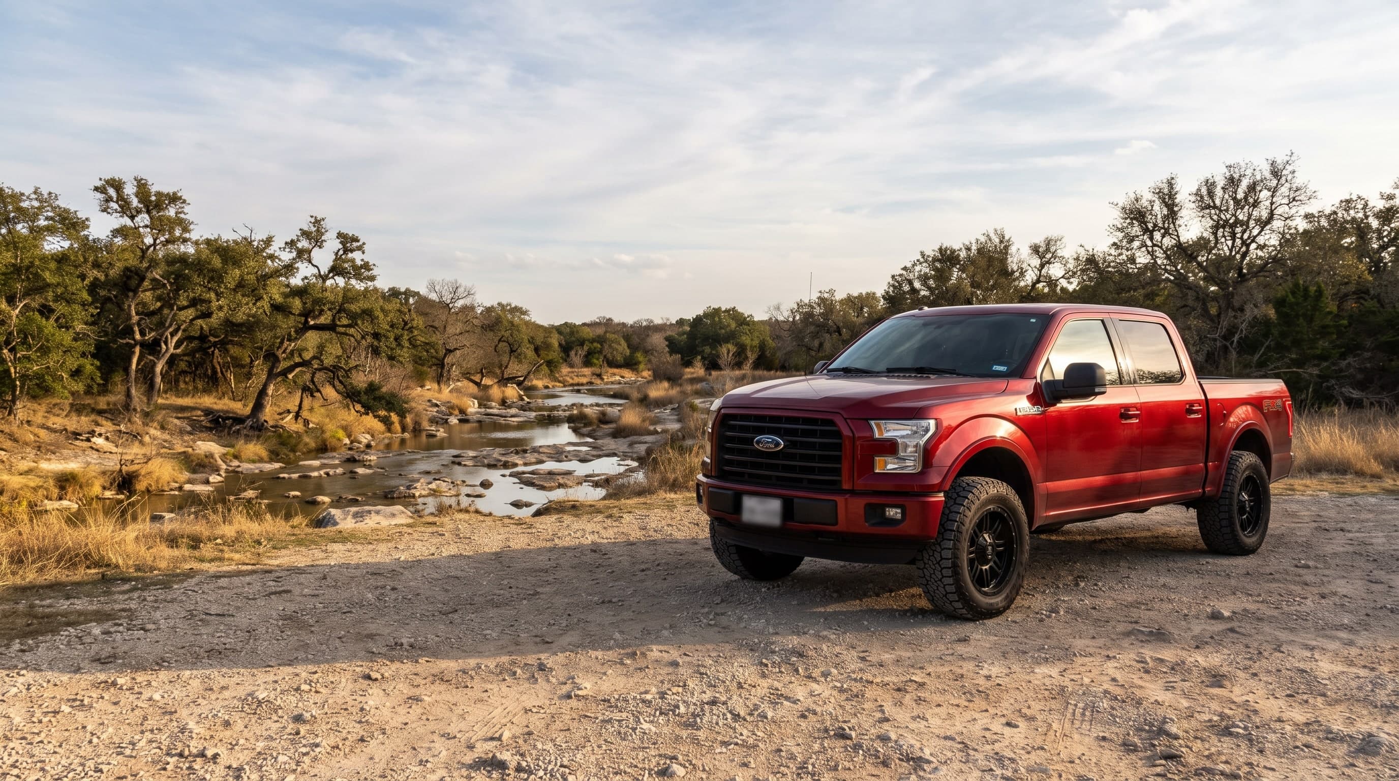 Leveled red Ford F-150 on 35-inch all-terrain tires parked at the Bear Creek Park trailhead in Euless, Texas