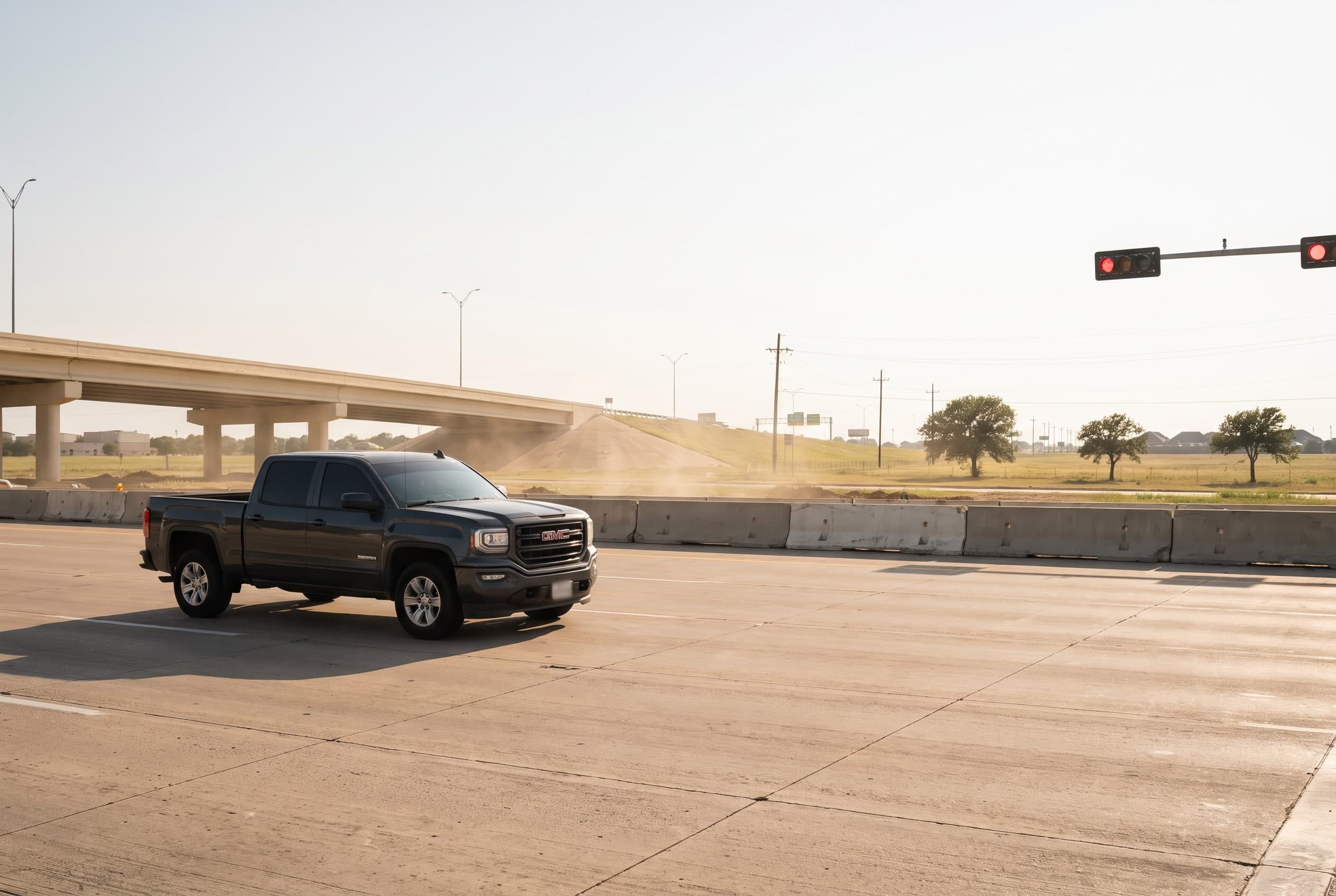 Ceramic tinted grey GMC Sierra waiting at a Highway 183 frontage road light in Euless