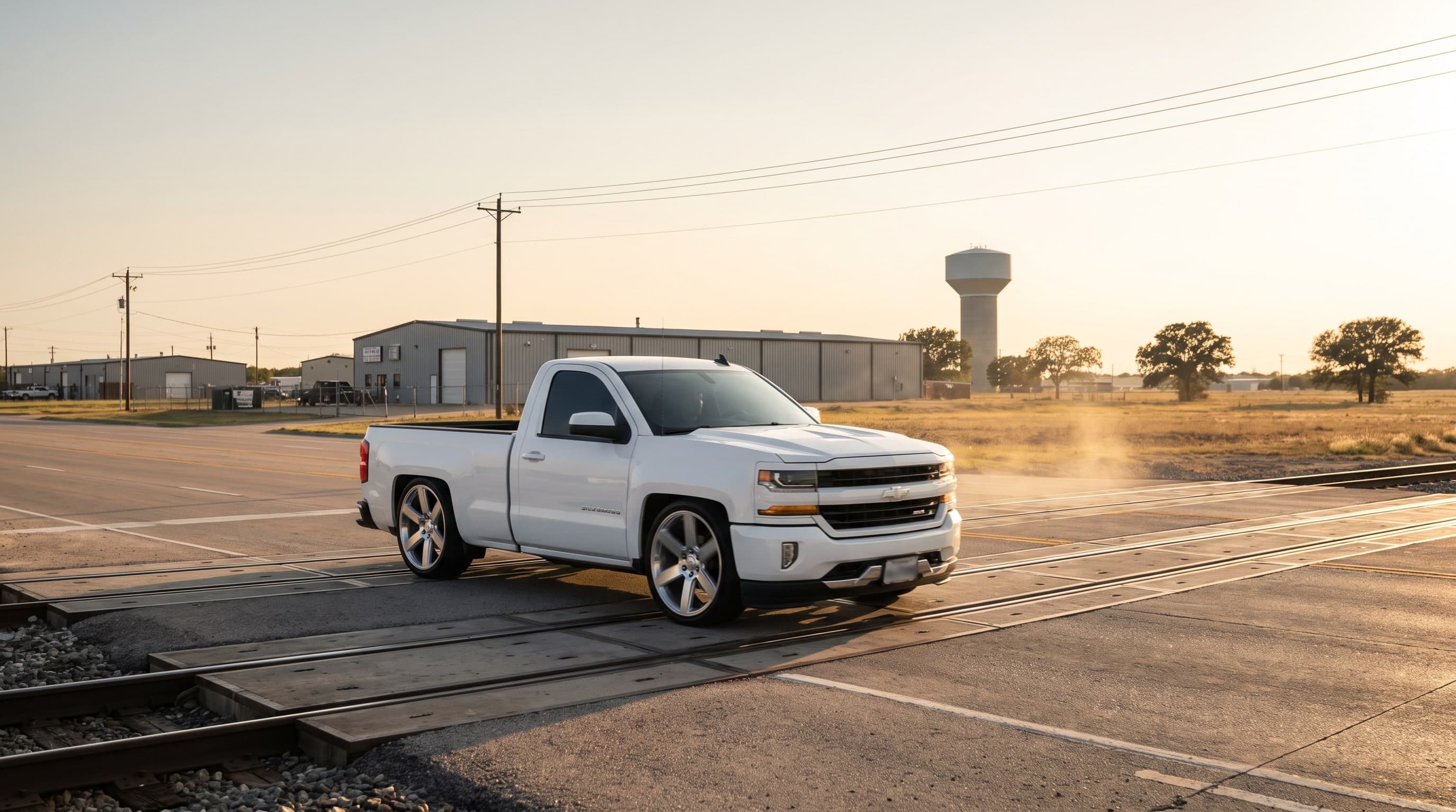 Lowered white Chevrolet Silverado on 24-inch wheels crossing a railroad on Belt Line Road in Grand Prairie, Texas