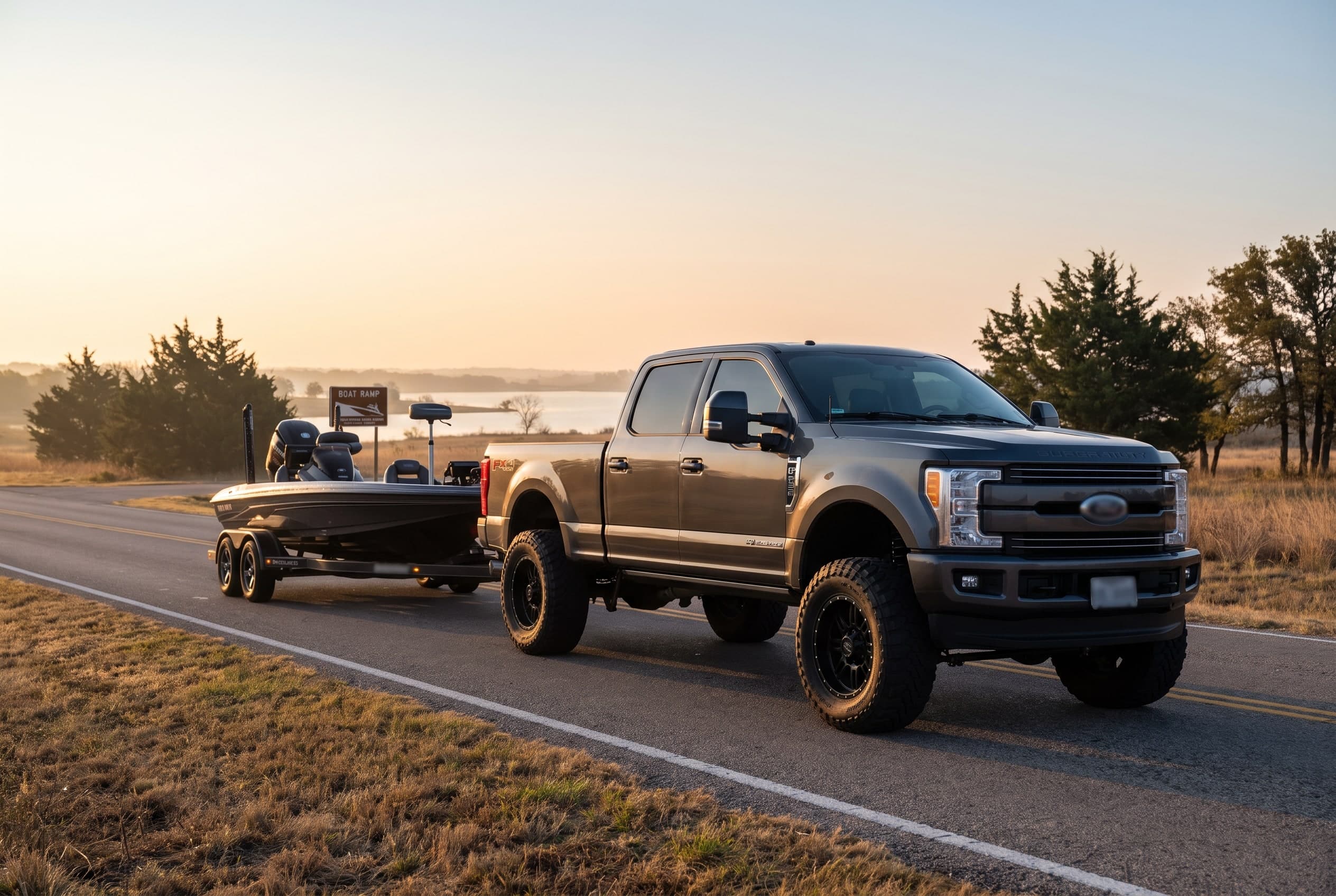 Lifted grey Ford F-250 on 37-inch tires towing a bass boat toward Joe Pool Lake in Grand Prairie