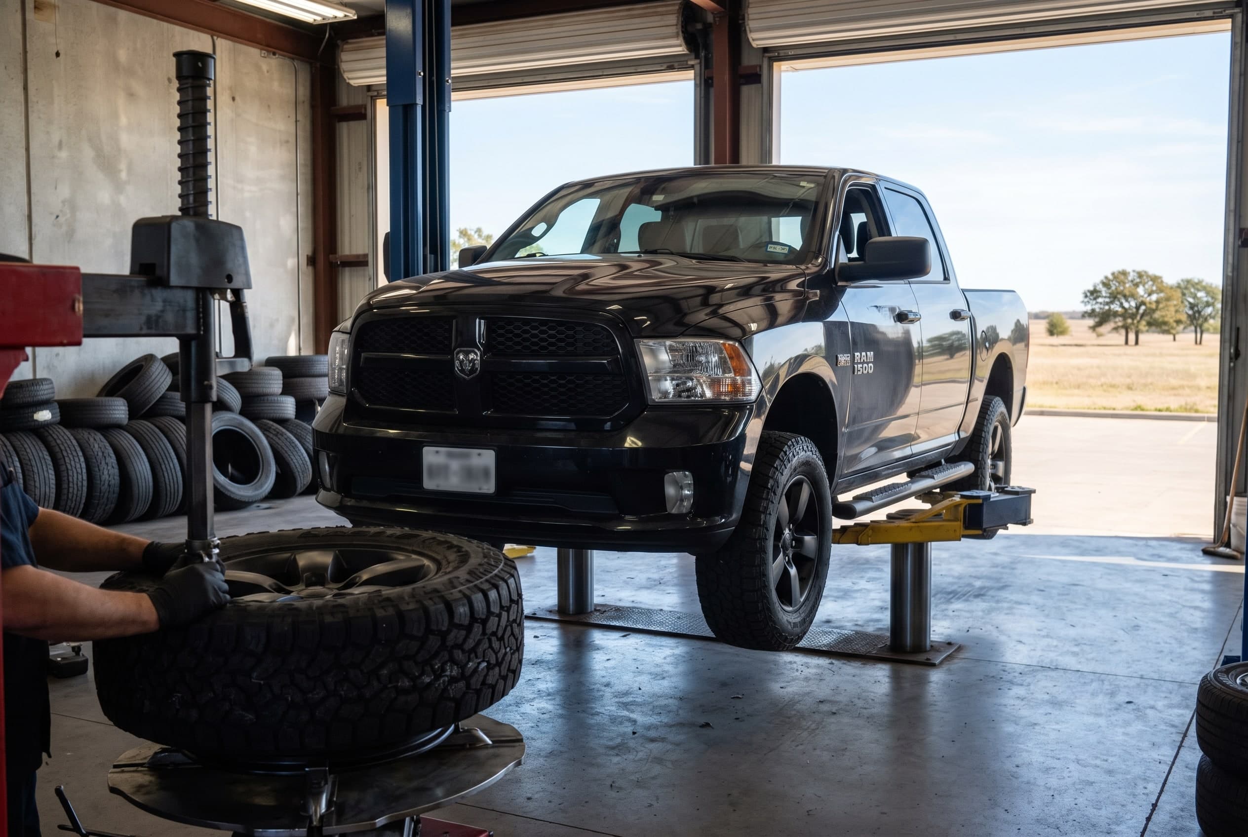 All-terrain tires being mounted on a black Ram 1500 at a wheel and tire shop serving Grand Prairie