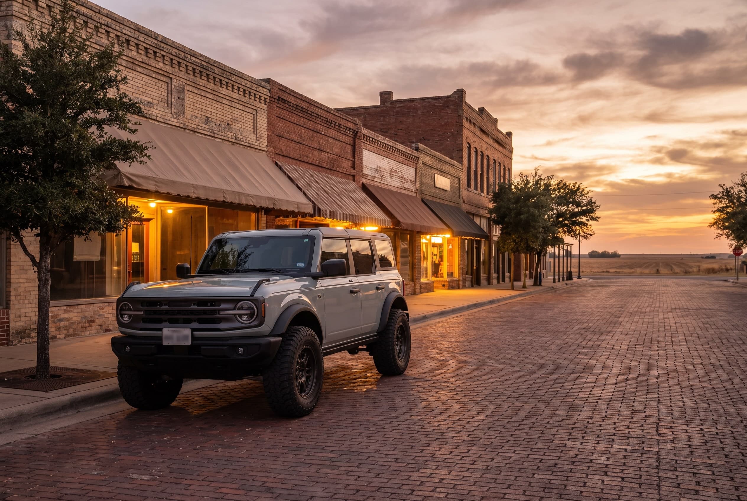 Lifted Ford Bronco on 35-inch tires parked outside a boutique on historic Main Street in Grapevine
