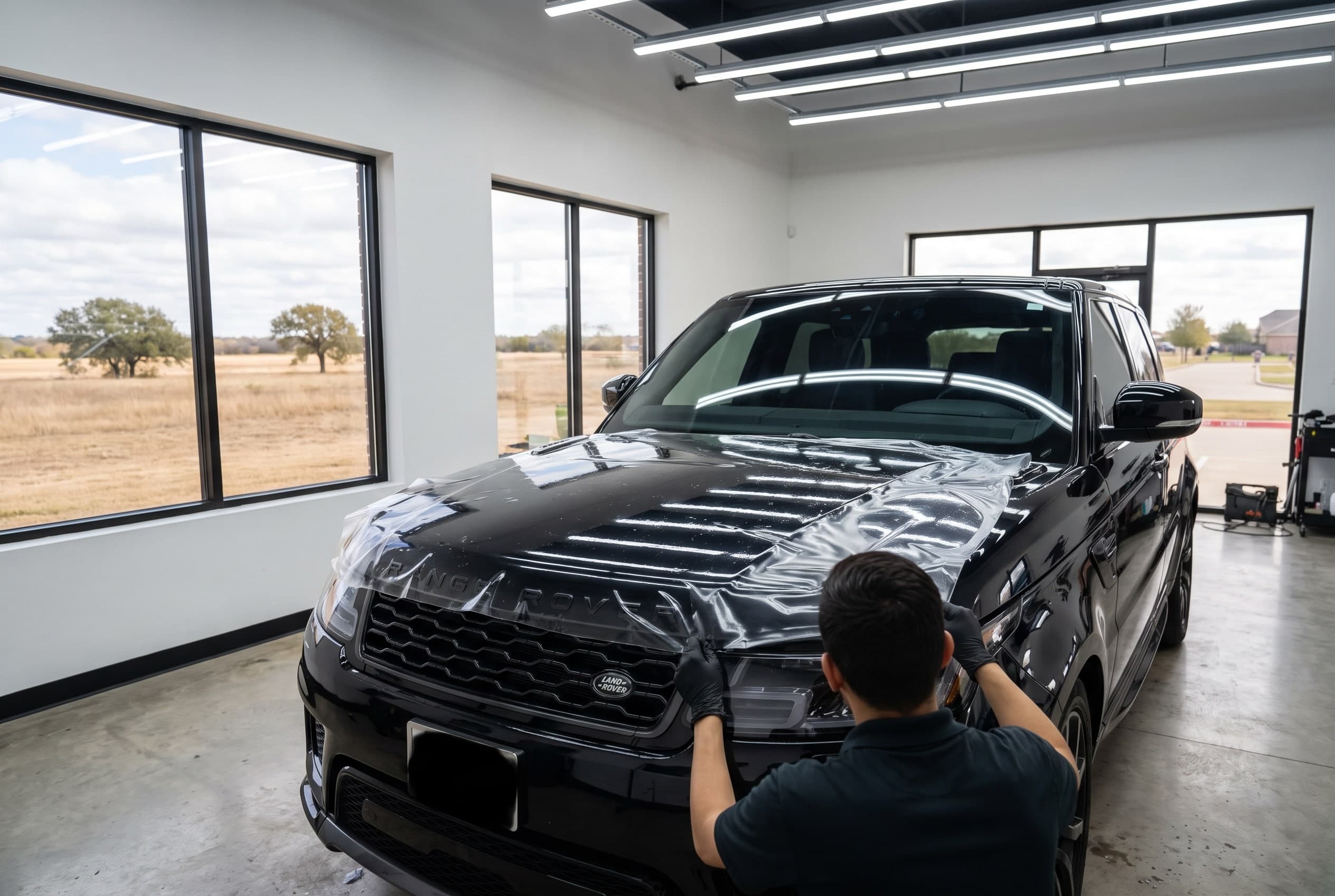 Full-front paint protection film install on a black Range Rover Sport in a detailing bay near Grapevine and Southlake