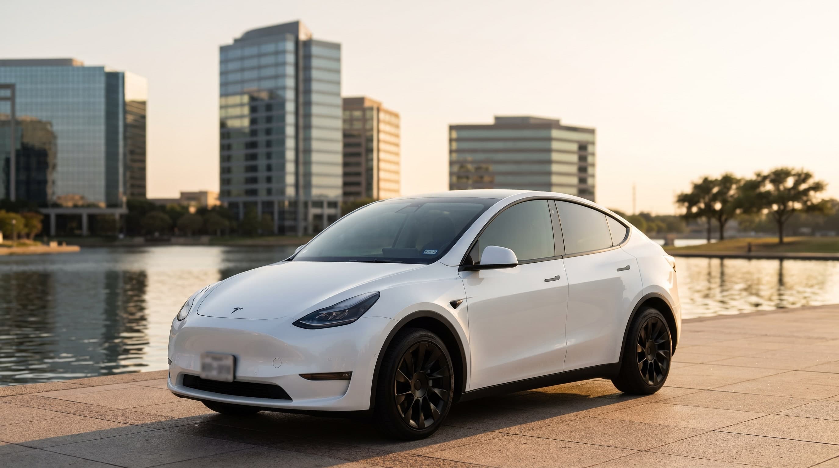 Satin black chrome-deleted Tesla Model Y parked beside Lake Carolyn with Las Colinas office towers behind it