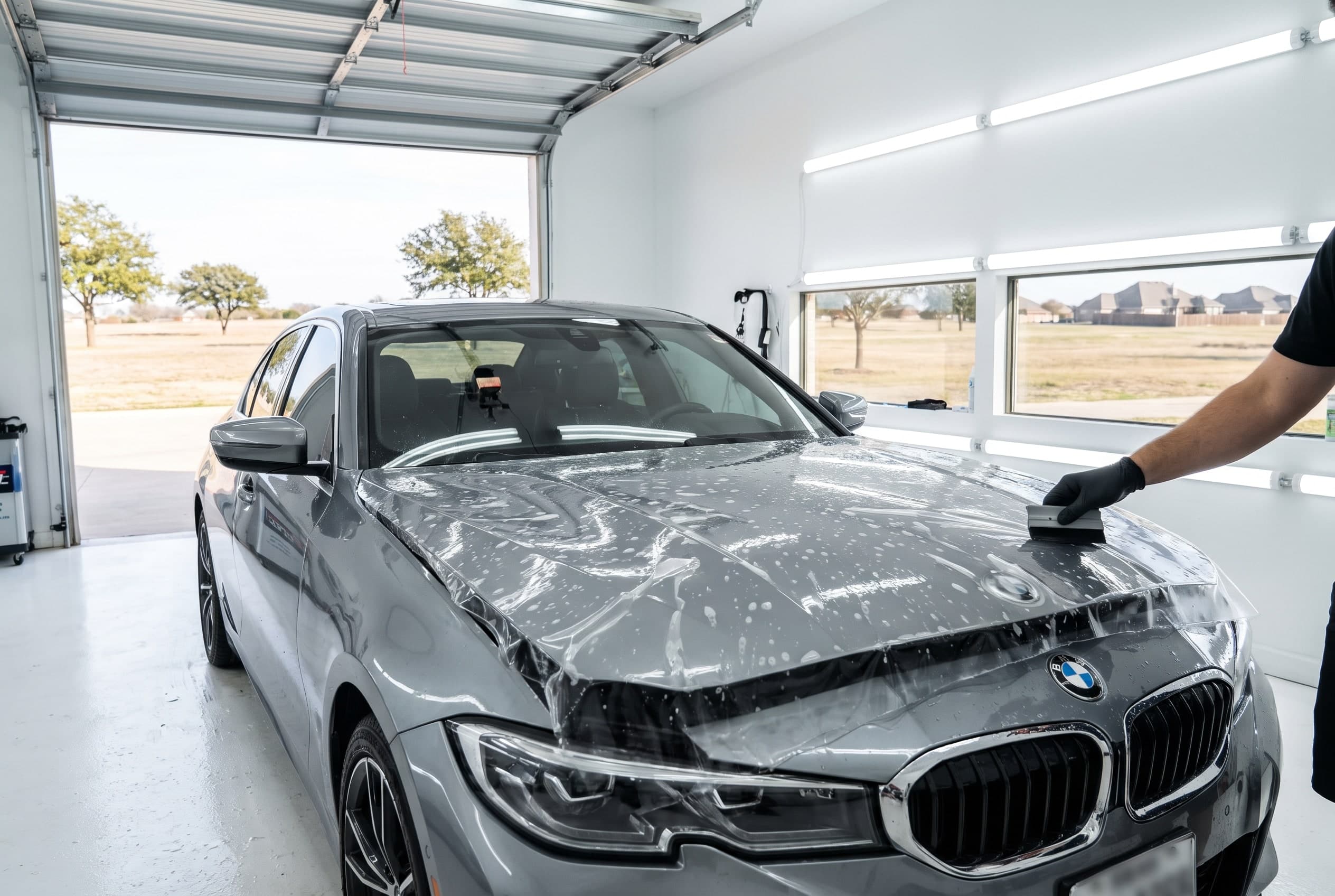 Clear paint protection film being laid onto the hood of a grey BMW 3 Series in a detailing bay near Las Colinas