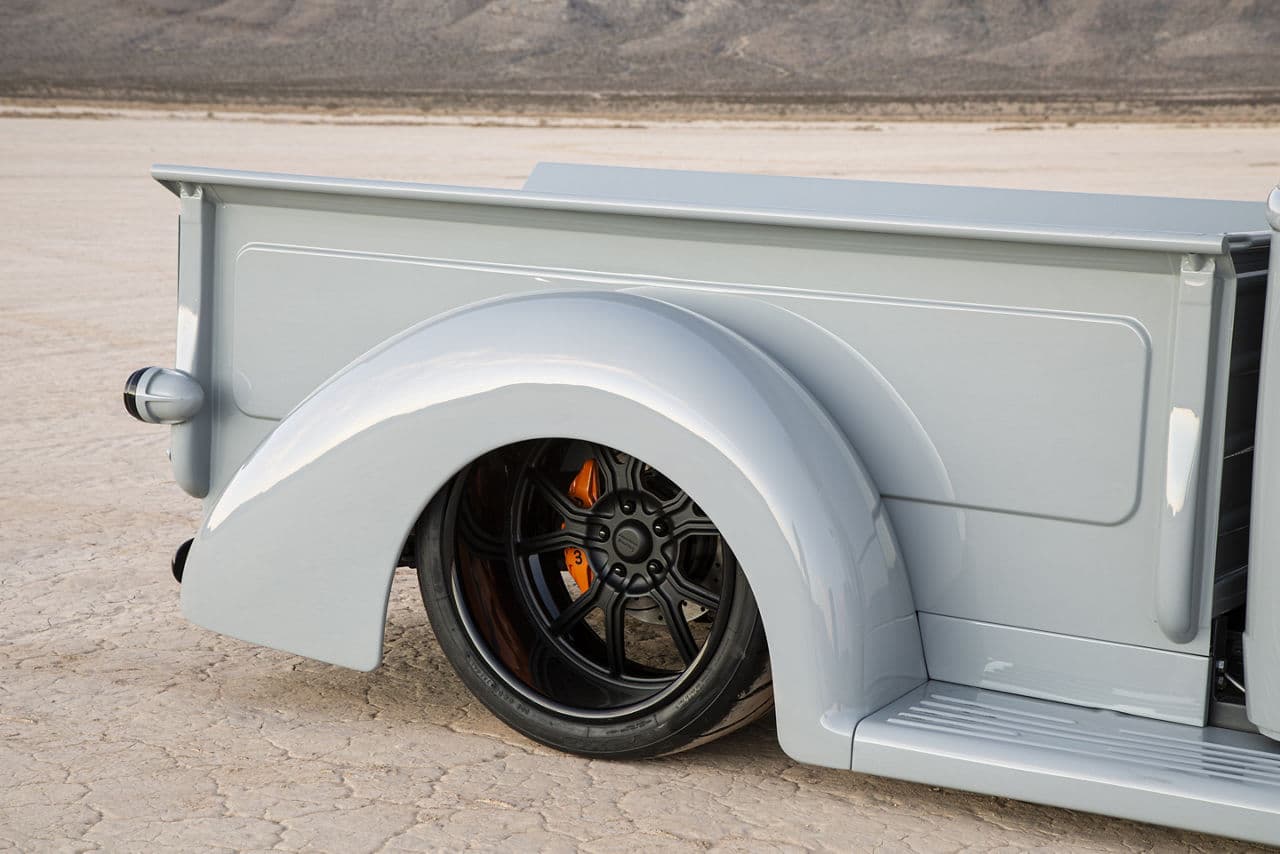 Rear view of 1940 Ford Pickup with wheels