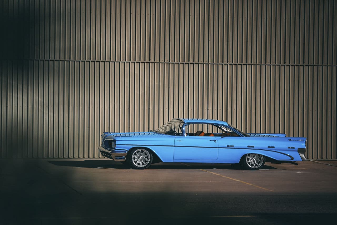 Rear view of 1959 Pontiac Bonneville with wheels