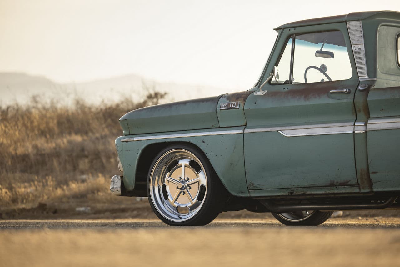 Side profile of 1965 Chevrolet C10 with wheels