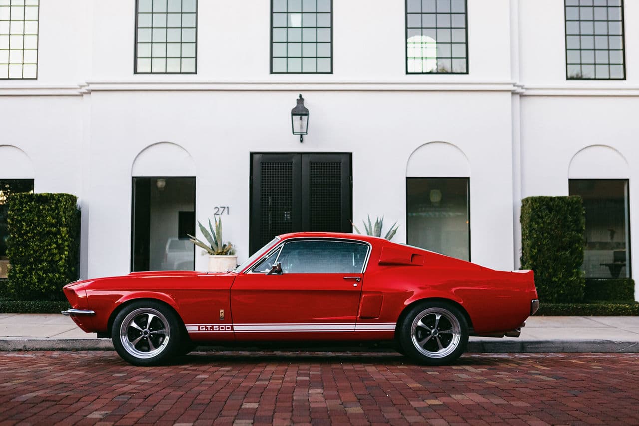 Side profile of 1967 Ford Mustang GT500 with wheels