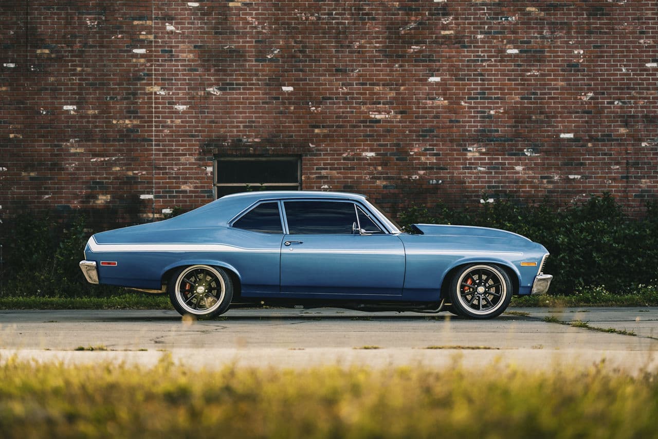 Side profile of 1969 Chevrolet Nova with wheels