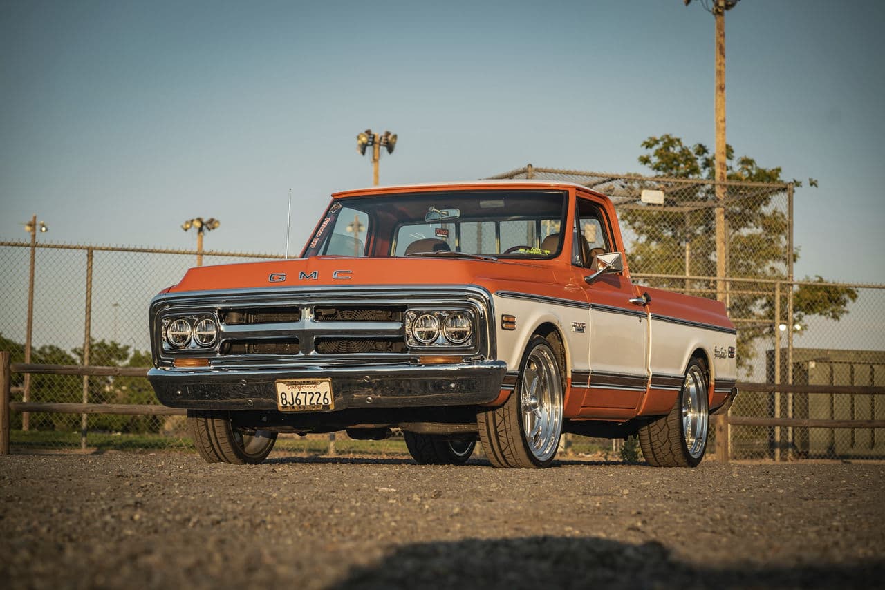 Front view of 1970 GMC C10 with wheels